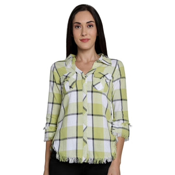 Mantra Green Cotton Checks Frayed Shirt