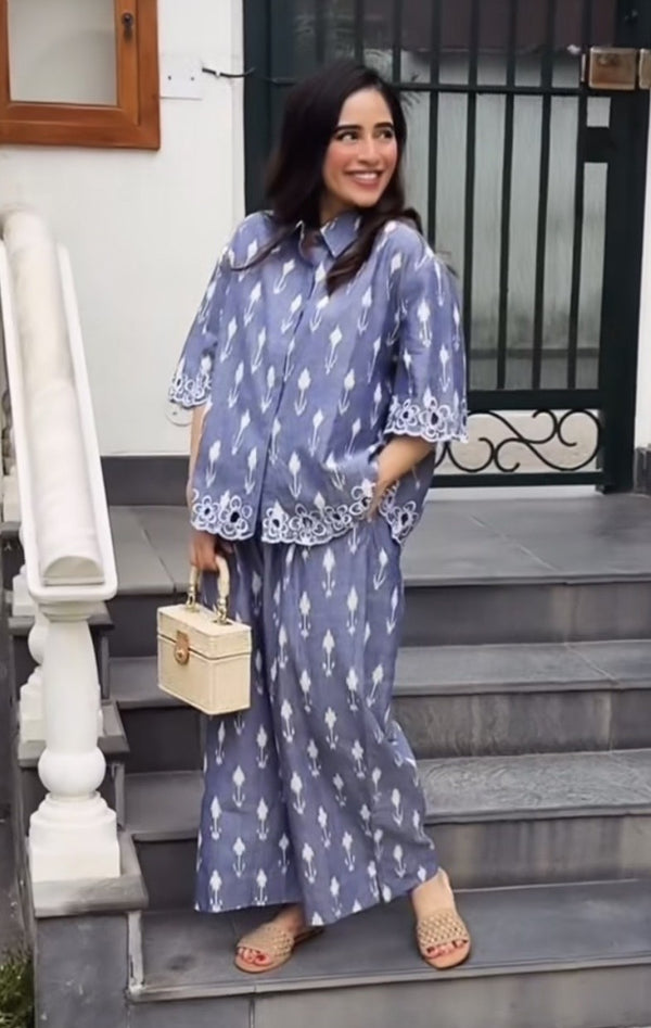 Leher co-ord Set | Blue Ikat with Cutwork