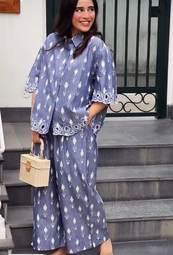 Leher co-ord Set | Blue Ikat with Cutwork