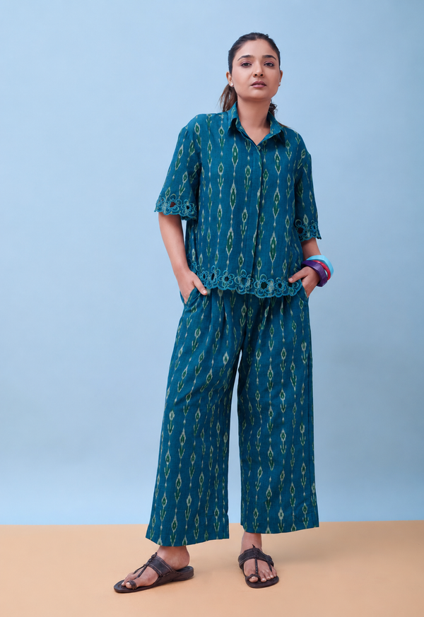 Leher Co-rd Set | Ikat Cotton | Aquamarine