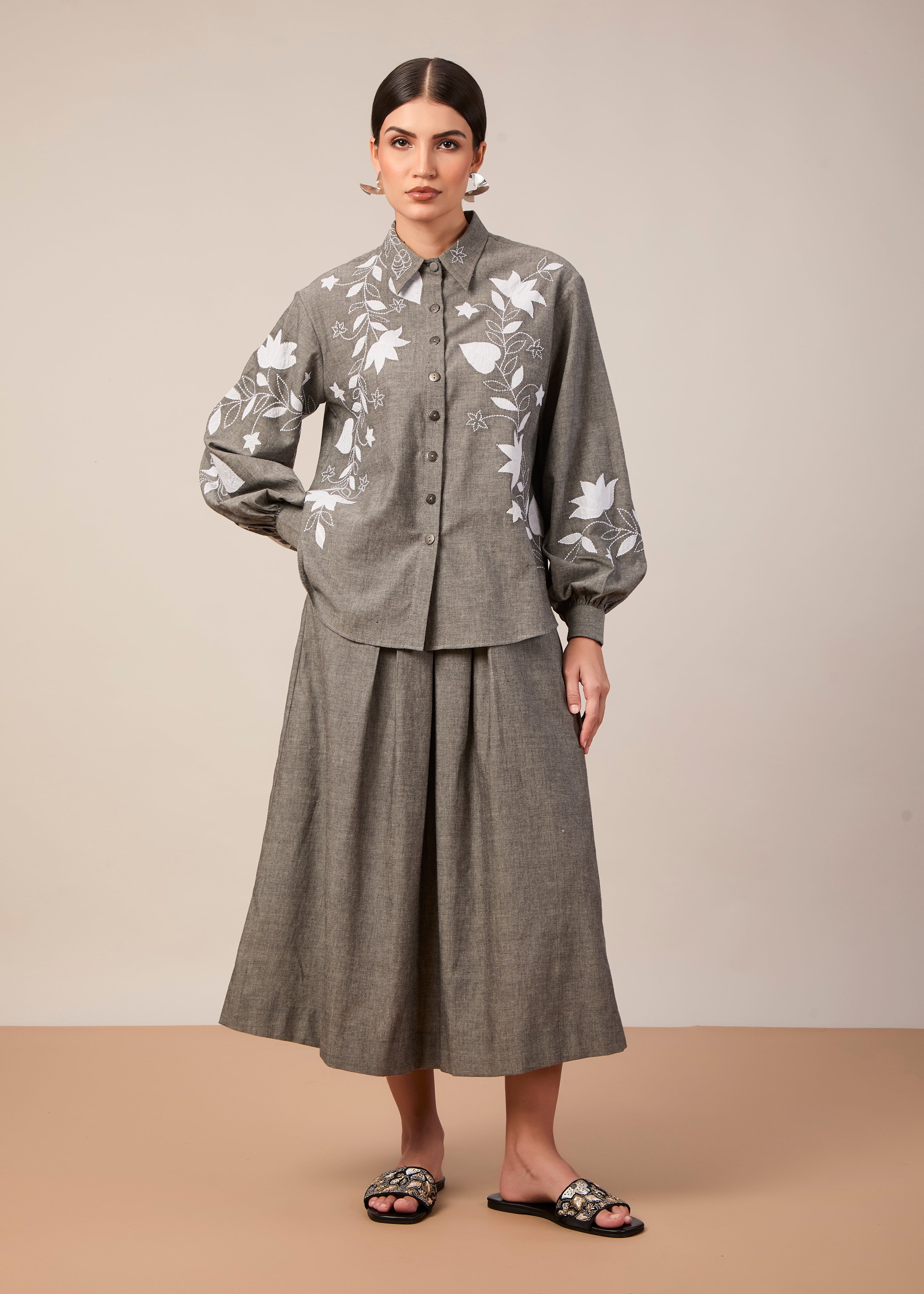 The Lila Shirt | Grey Handloom Cotton with Applique Work