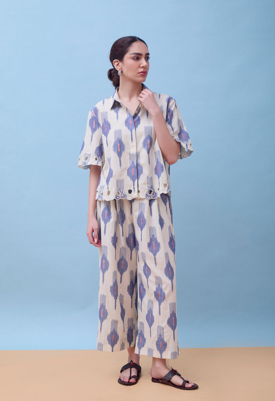 Leher Co-Ord Set Ikat and Cutwork
