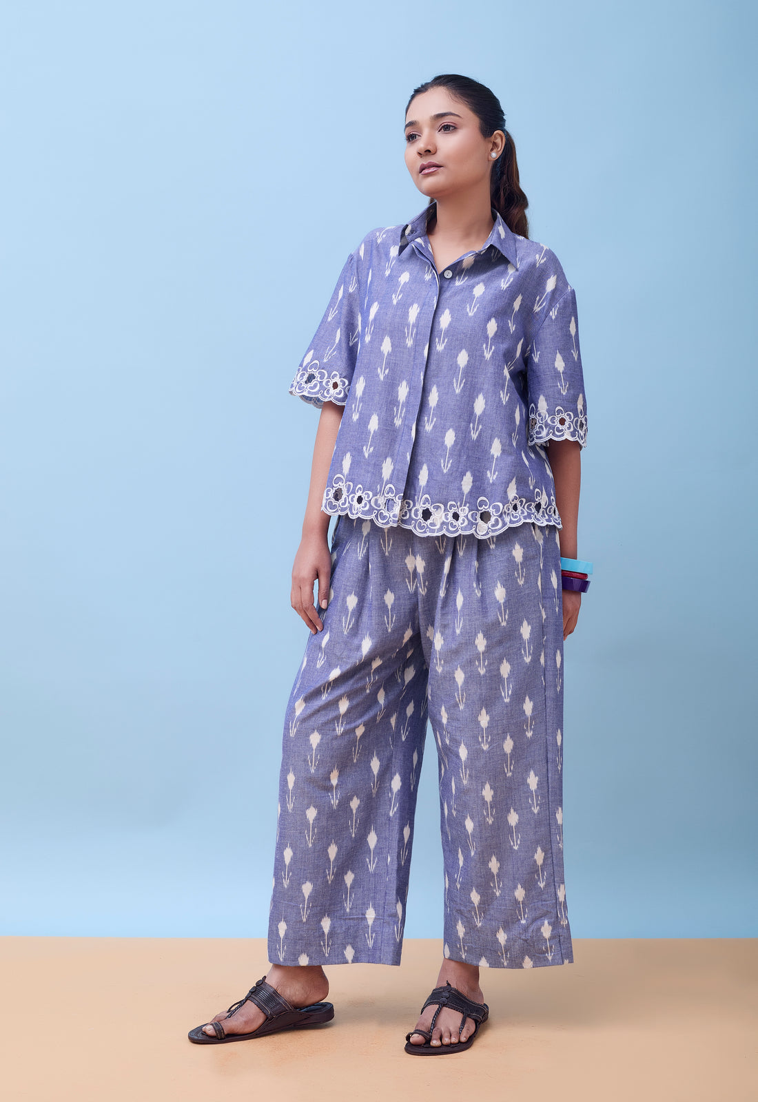 Leher co-ord Set Blue Ikat