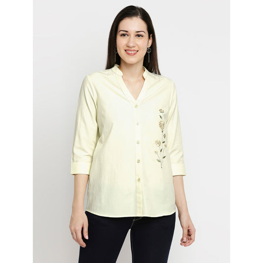 Mantra yellow V` neck embroided shirt