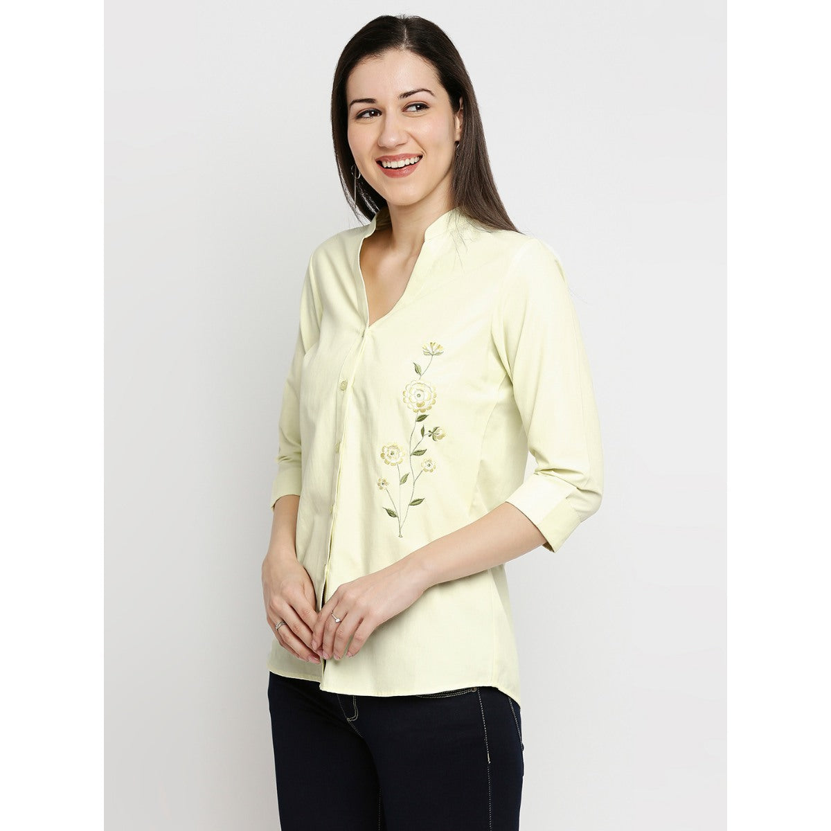 Mantra yellow V` neck embroided shirt