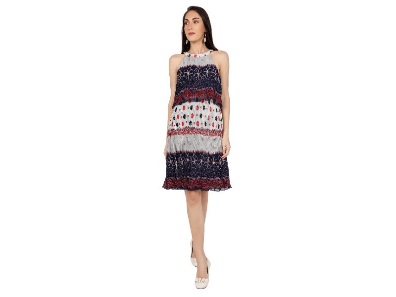 Mantra Blue floral printed pleated dress