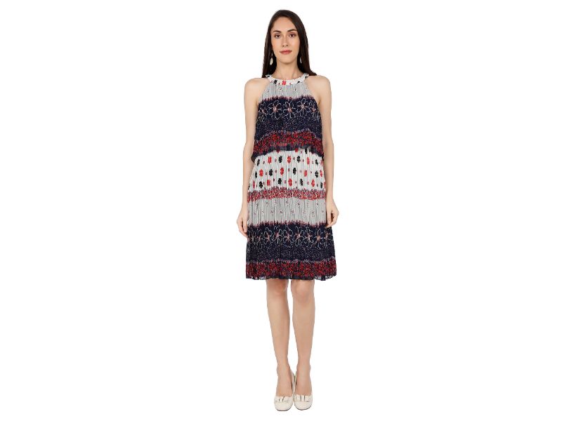 Mantra Blue floral printed pleated dress
