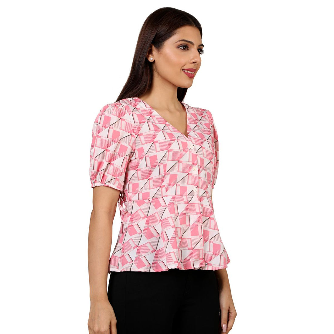 Mantra Pink Puff sleeve peplum top