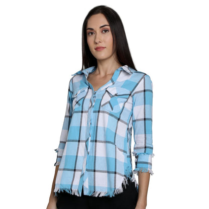Mantra Blue Cotton Checks Frayed Shirt