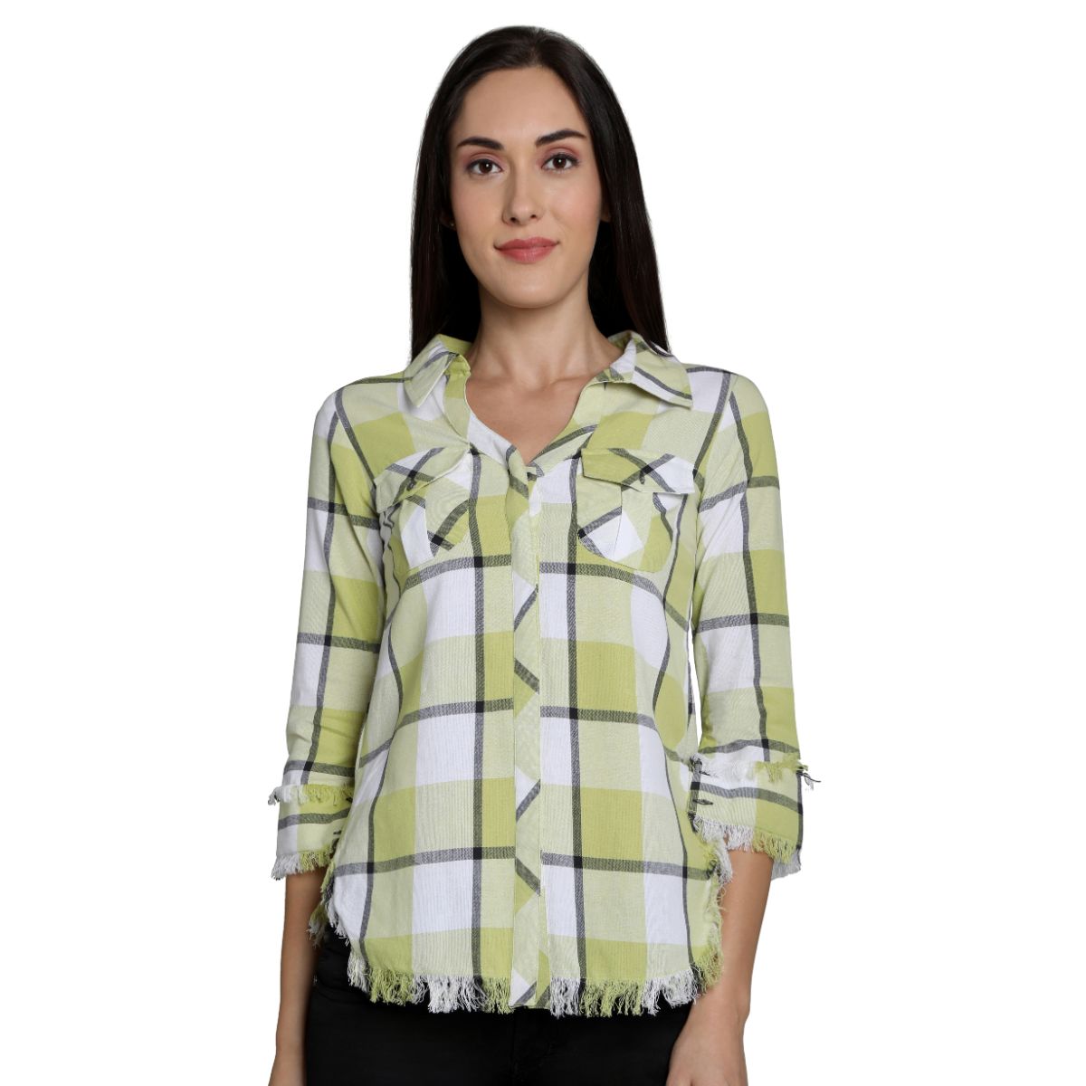 Mantra Green Cotton Checks Frayed Shirt