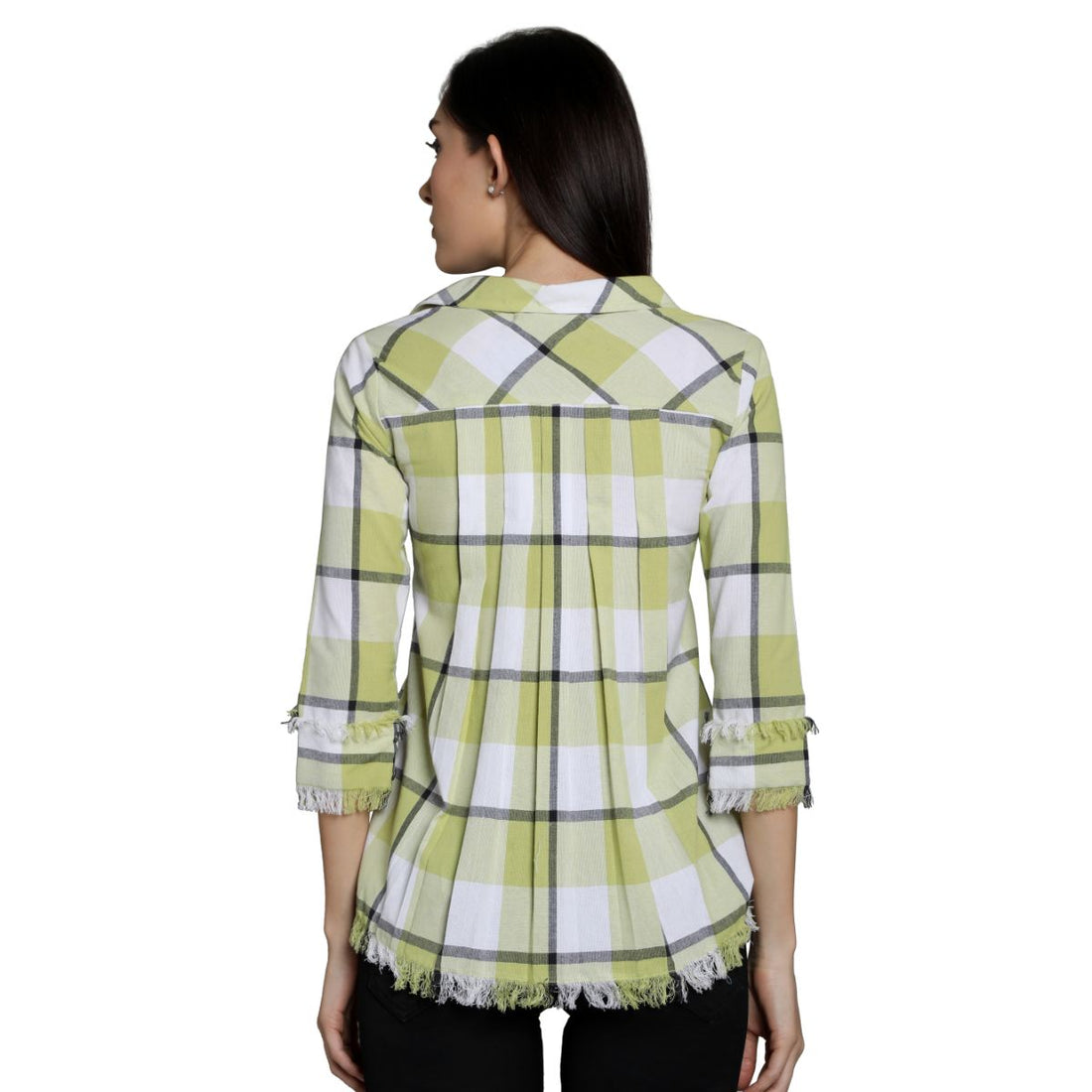 Mantra Green Cotton Checks Frayed Shirt
