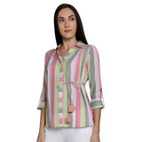 Mantra Pink Cotton stripes Tie-up Shirt