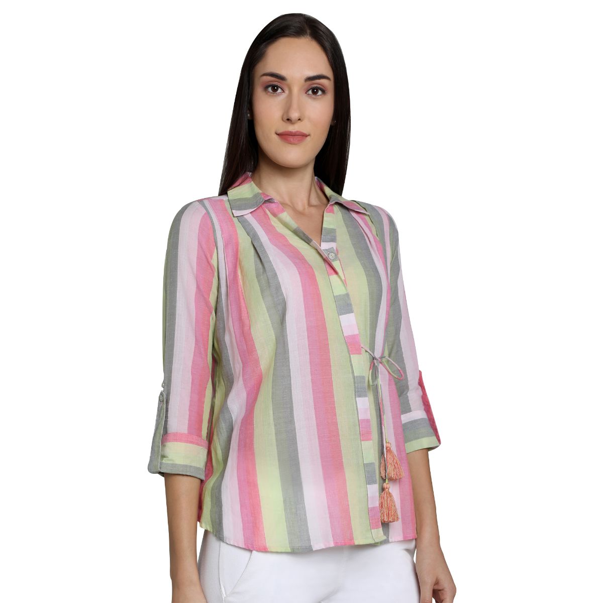 Mantra Pink Cotton stripes Tie-up Shirt