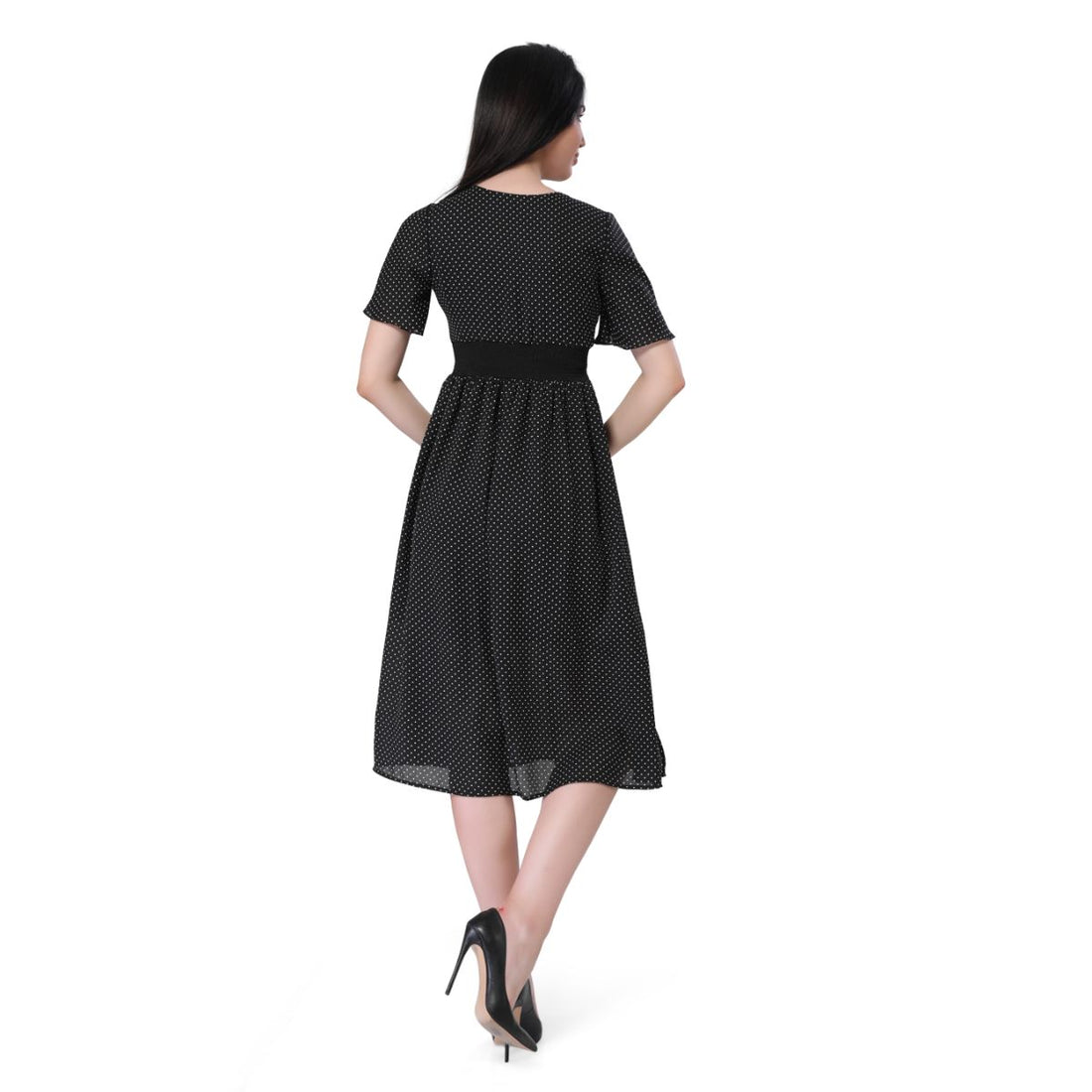 Mantra black printed smocked slit dress
