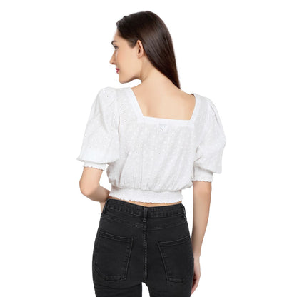 Mantra White Puff sleeve hakoba crop top