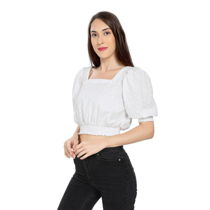 Mantra White Puff sleeve hakoba crop top