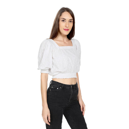 Mantra White Puff sleeve hakoba crop top