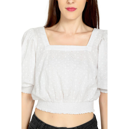 Mantra White Puff sleeve hakoba crop top