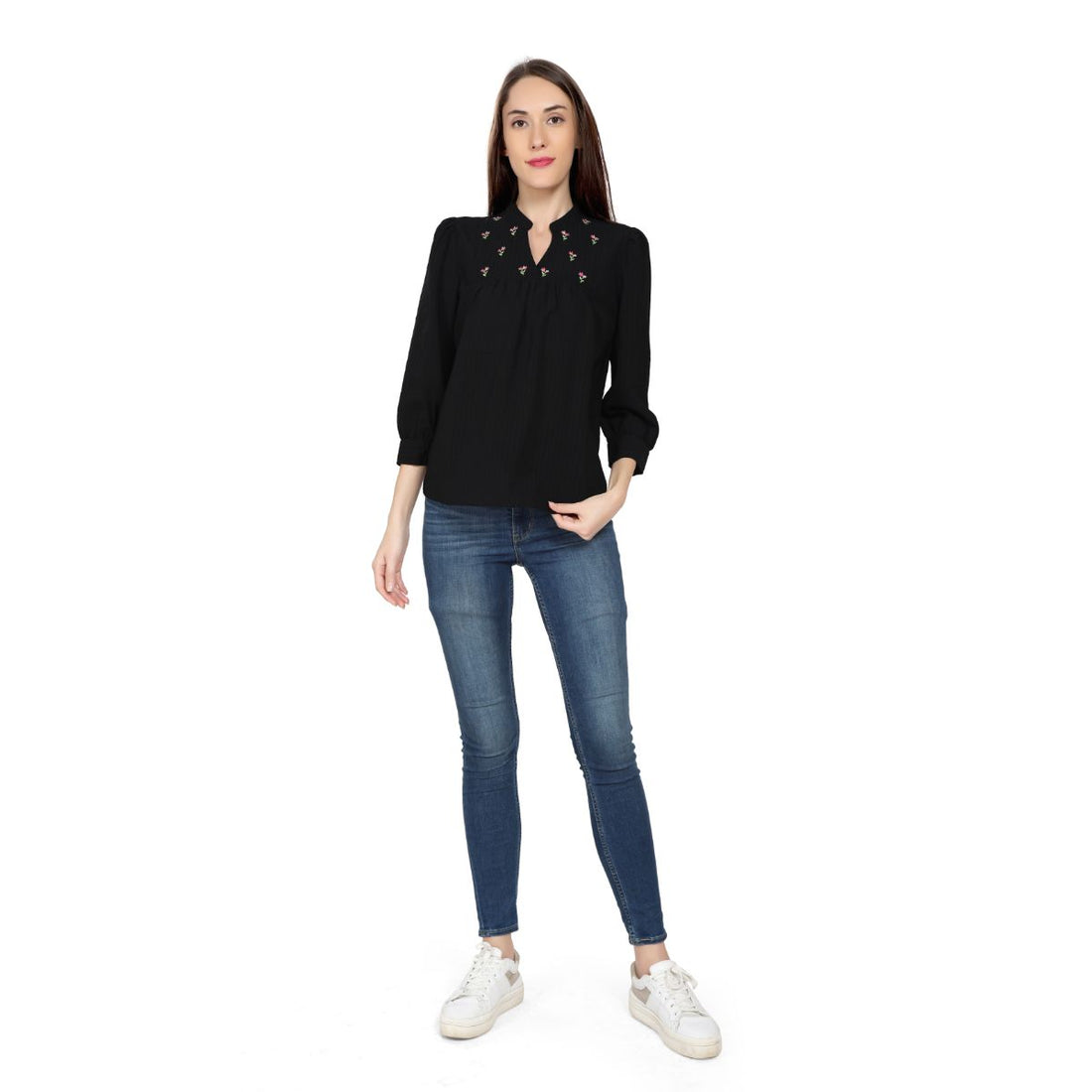 Mantra Black embroidered gtaher top