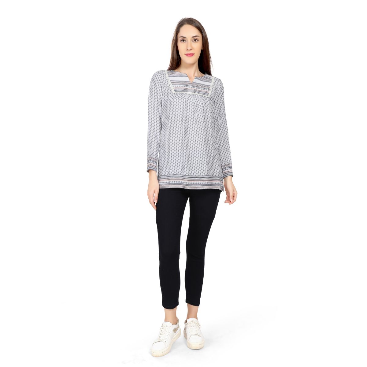 Ziniia White Printed Yoke Top