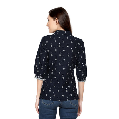 Mantra Navy Blue Cotton Basic printed Top