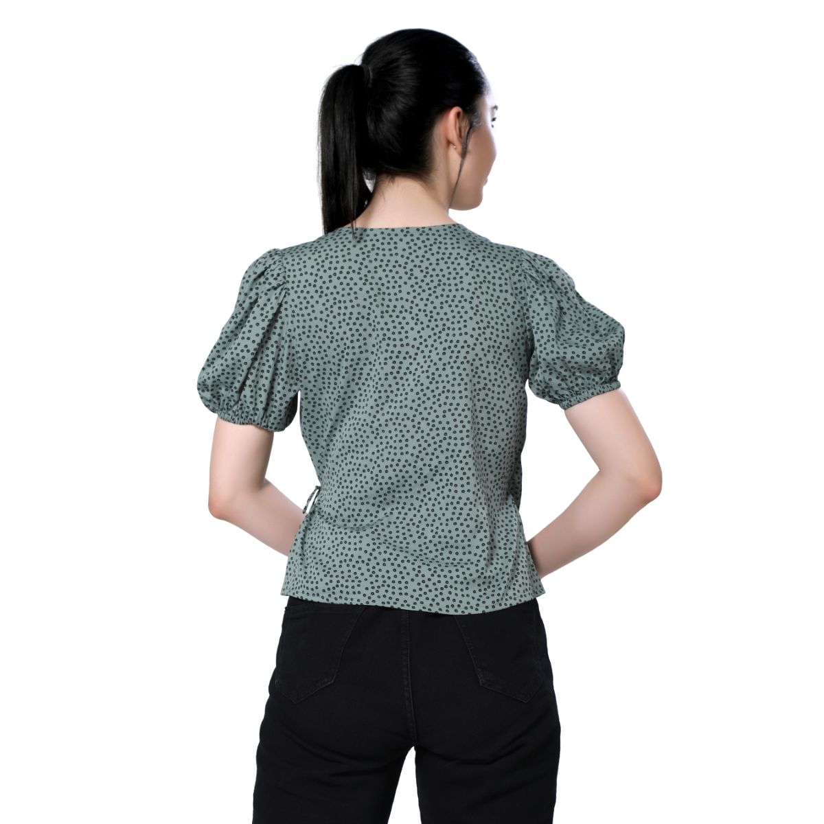 Mantra green crepe printed overlap top