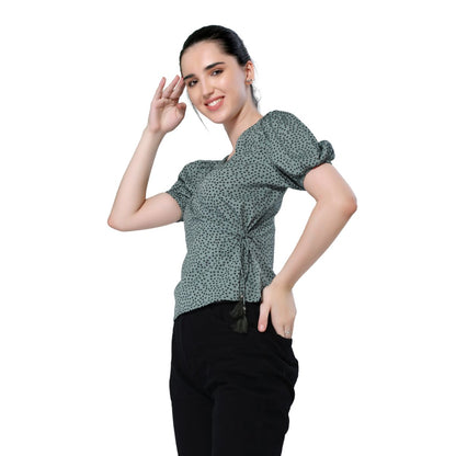 Mantra green crepe printed overlap top