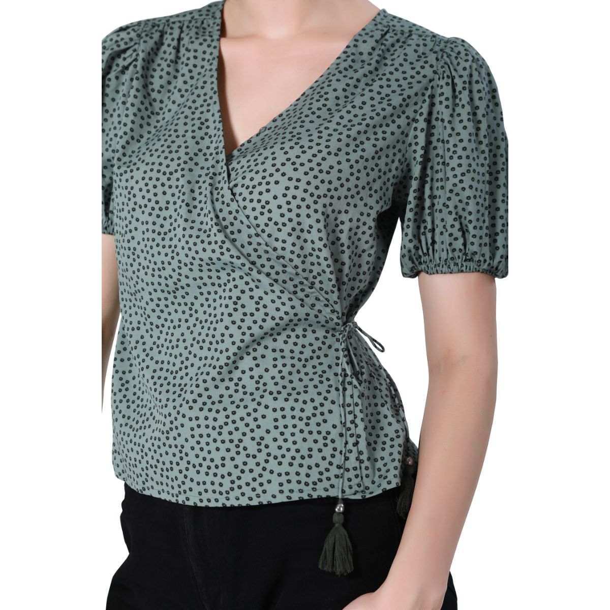 Mantra green crepe printed overlap top