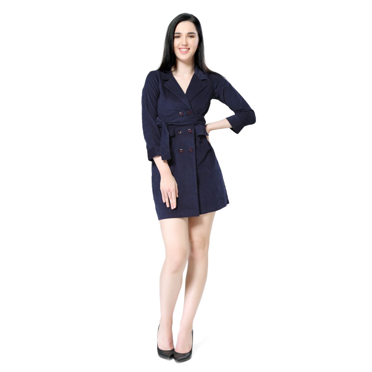 Mantra navy blue solid corduroy dress