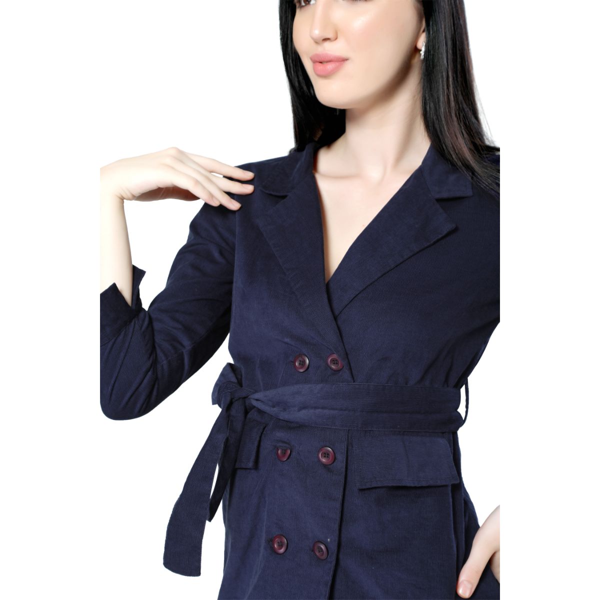 Mantra navy blue solid corduroy dress