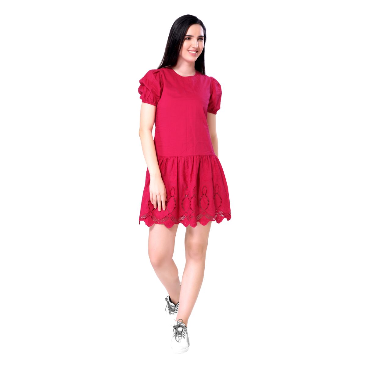 Mantra pink schiffli embroidered hem solid shirt dress