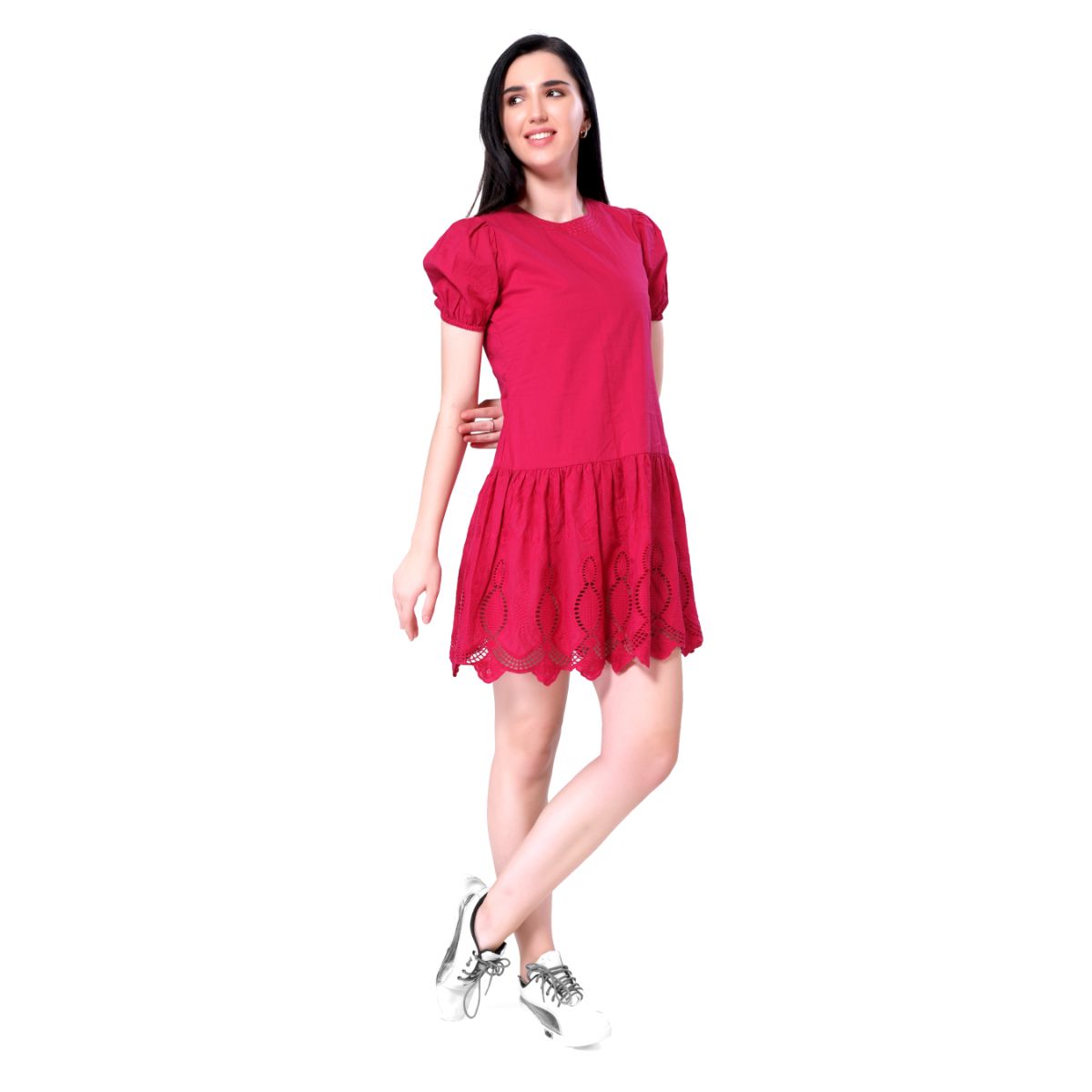 Mantra pink schiffli embroidered hem solid shirt dress