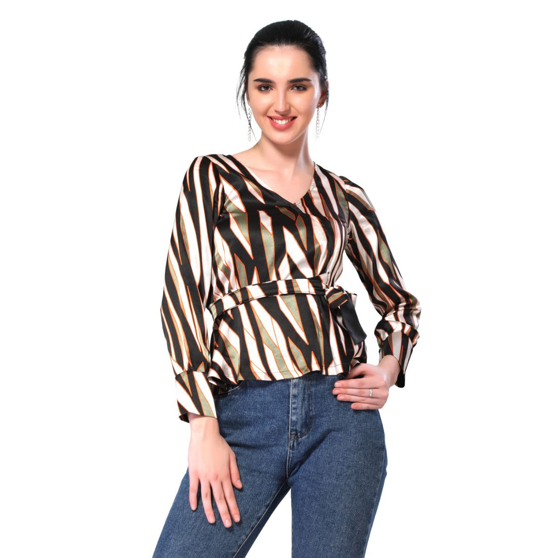 Mantra black printed  wrap belted top