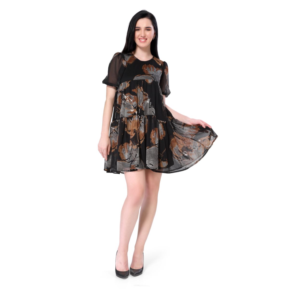 Mantra black printed tier dress