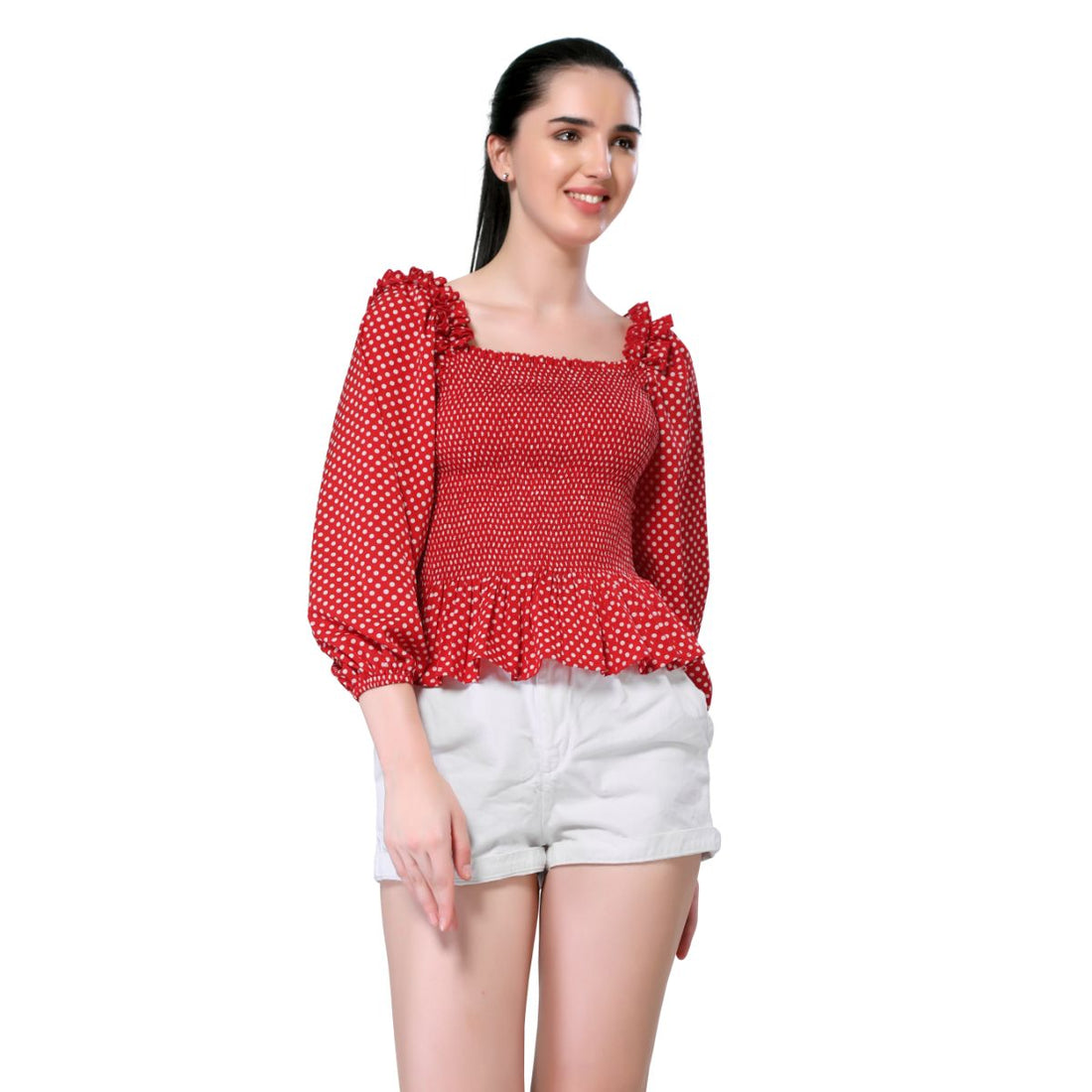 Mantra red printed smocking top