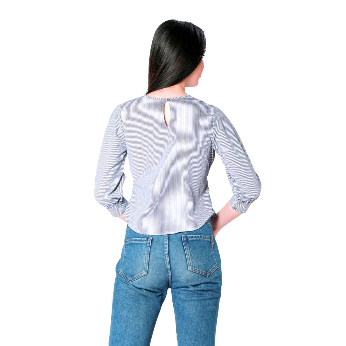 Mantra blue stripe buckle top
