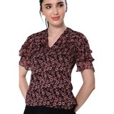 Mantra red floral printed frilly top
