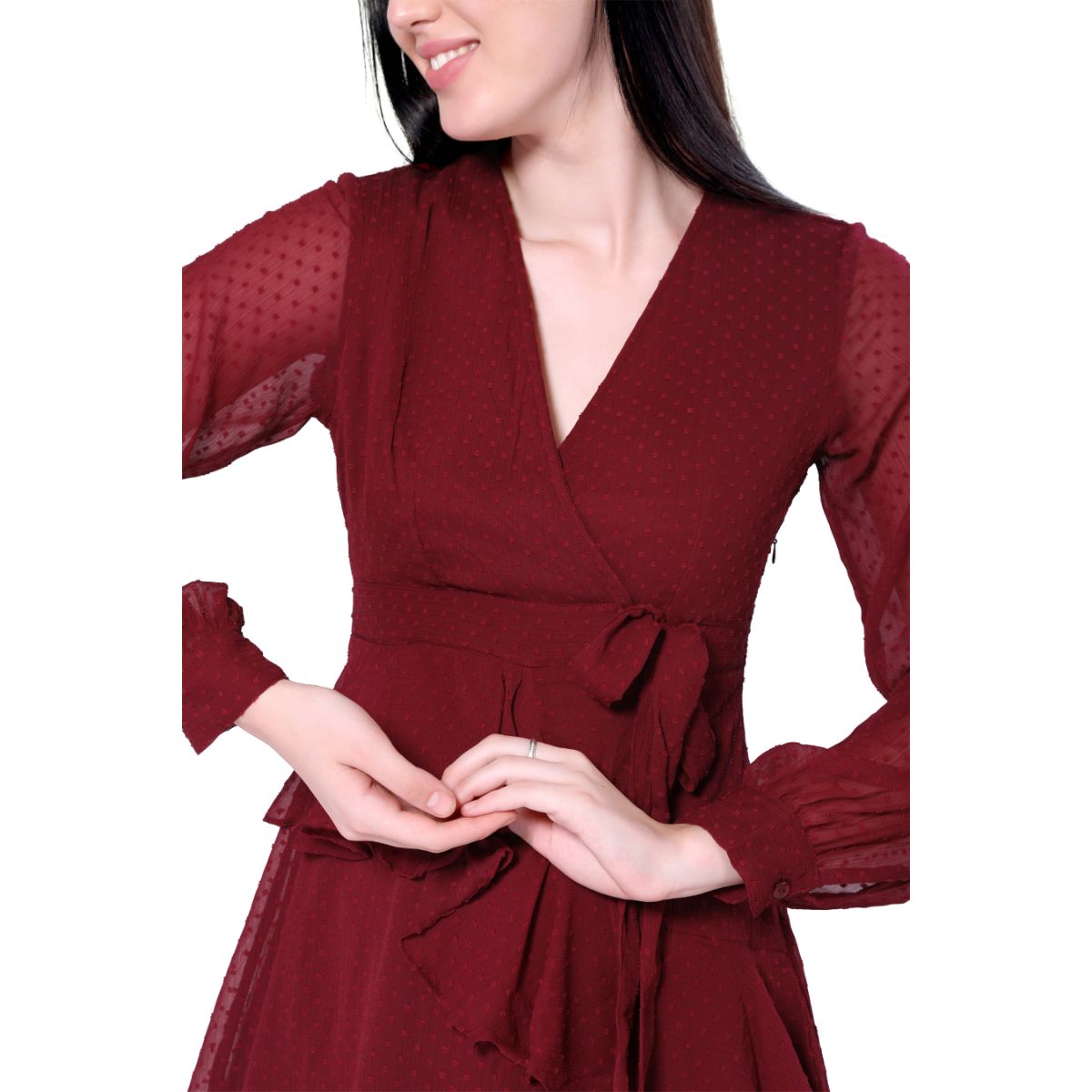 Mantra burgundy dobby printed frill dress