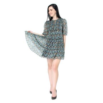Mantra blue floral printed flouncy tier dress