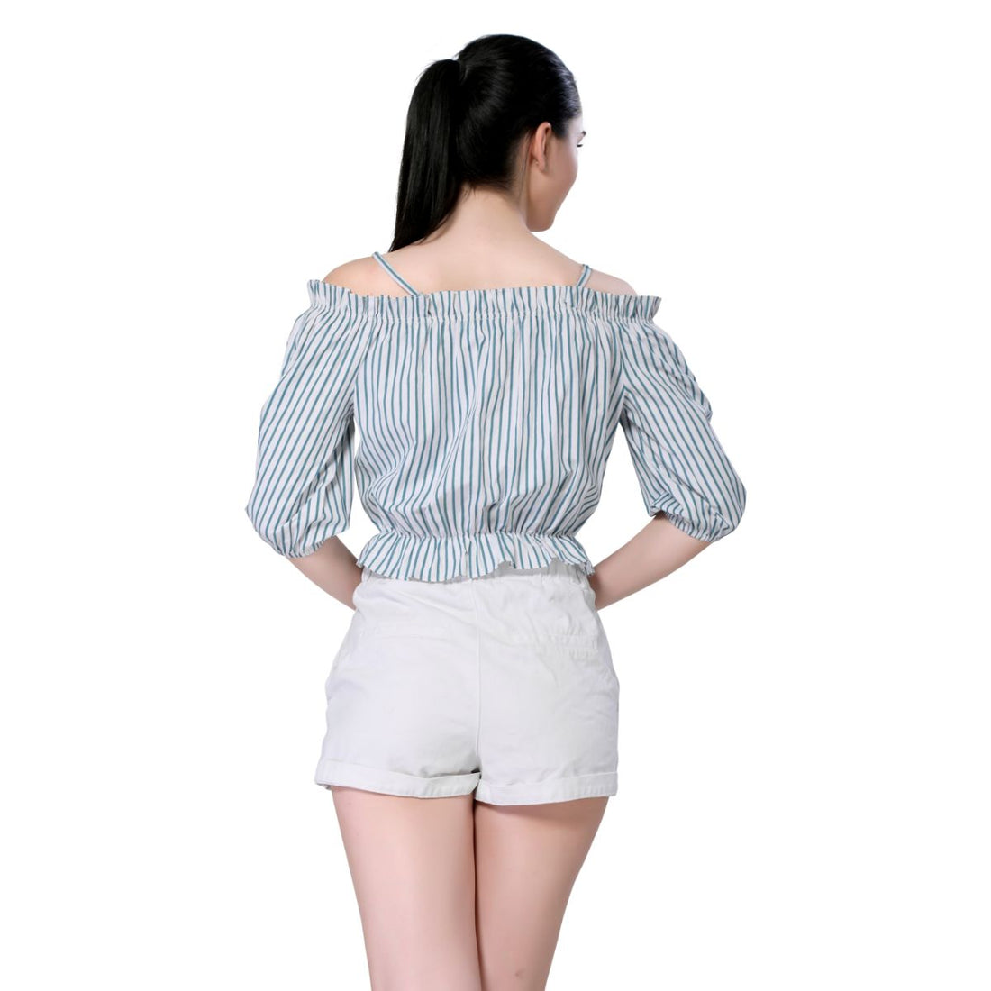 Mantra blue white off shoulder strappy crop top