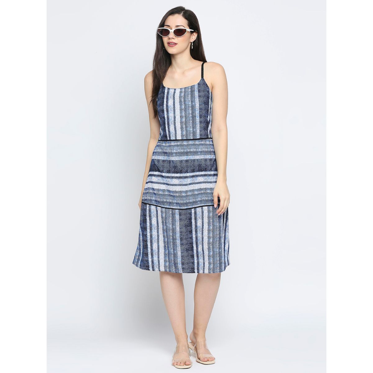 Mantra blue printed three tier dress