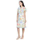 Mantra white floral printed butter-fly sleeve dress.