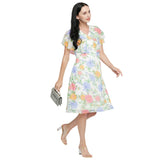 Mantra white floral printed butter-fly sleeve dress.