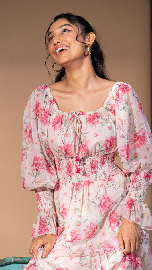 Mantra Pink Floral Printed Tier dress